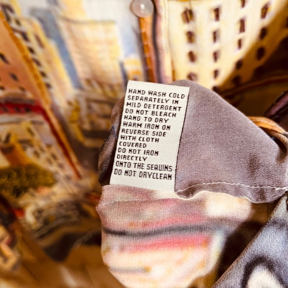 Vintage Printed San Fransisco Trolley Car Silk Gray Ivory Beaded Blouse Shirt L - Picture 12 of 15